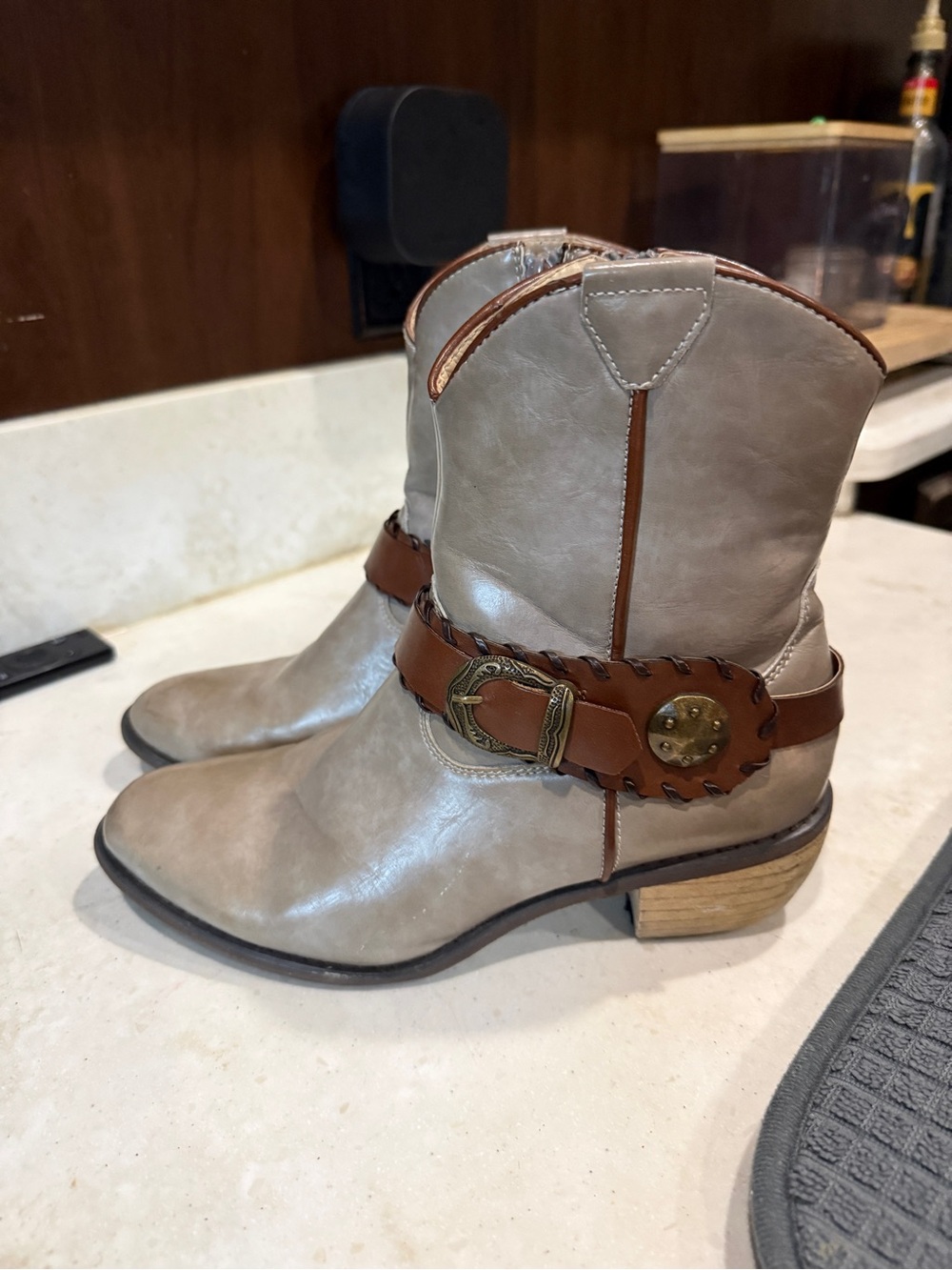 Roper Taupe Ankle Boots with Brown Harness Strap